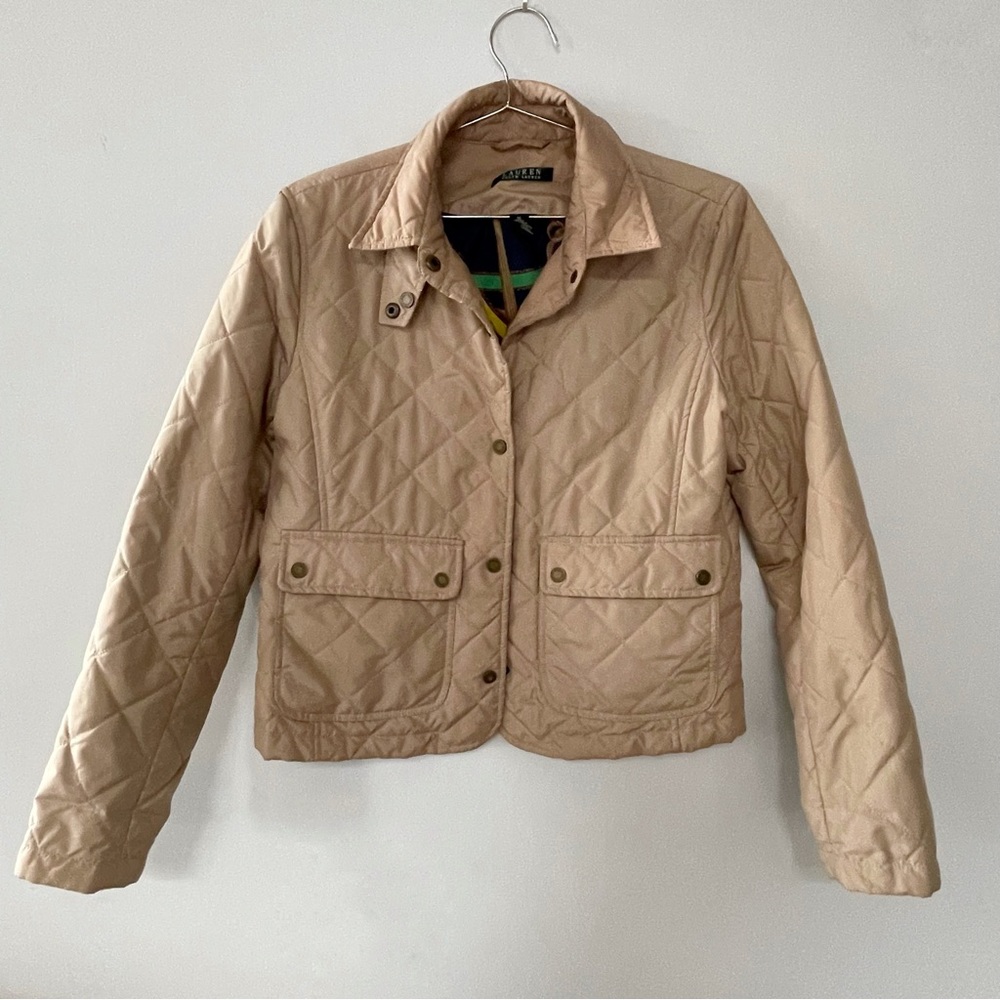 Lauren Ralph Lauren quilted light camel tan bomber moto jacket